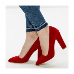 Red Suede Thick Heels for Women Closed Toe Ma-023