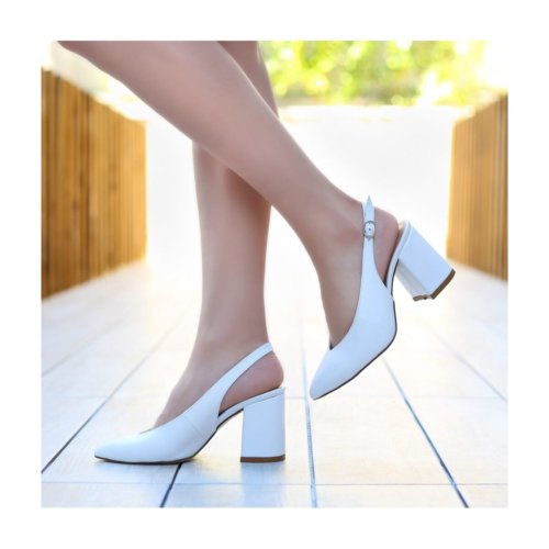Beyaz 7 cm Kalın Topuklu Ayakkabı