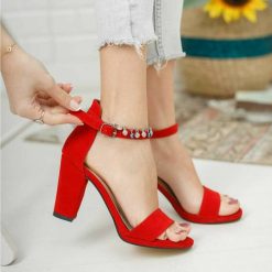 Kırmızı Tek Bant Topuklu Ayakkabı Süet Ma-030
