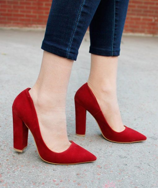 Kırmızı Kalın Topuklu Ayakkabı Süet Ma-023