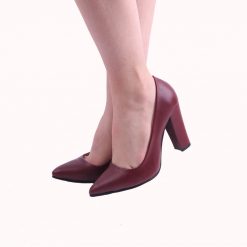Burgundy Faux Leather Thick Heel Pumps for Women Closed Toe Ma-023