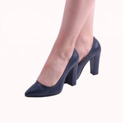 Navy Blue Faux Leather Thick Heel Pumps for Women Closed Toe Ma-023
