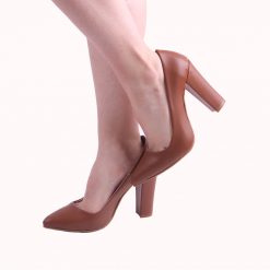 Brown Faux Leather Thick Heel Pumps for Women Closed Toe Ma-023