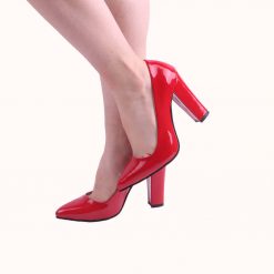 Red Patent Leather Thick Heel Pumps for Women Closed Toe Ma-023