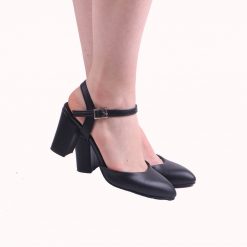 Black Faux Leather Ankle Strap Low Heels for Women Ra-145