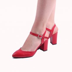 Red Faux Lether Ankle Strap Low Heels for Women Ra-145