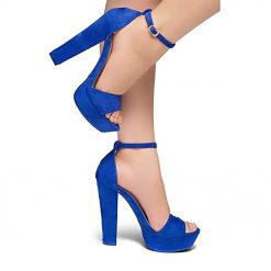 Blue Womens Platform Dress Pumps Ankle Strap Block High Heel Ra-157