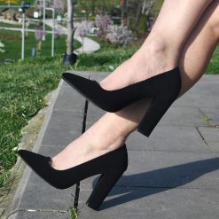 Black Suede Thick Heels for Women Closed Toe Ma-023