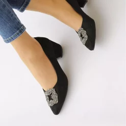 Siyah Taşlı Kalın Topuklu Ayakkabı Süet RA-1620