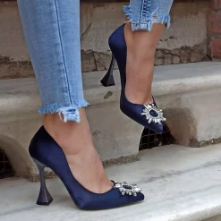 Blue Satin Stone High Heeled Dress Shoes for Women Ra-301