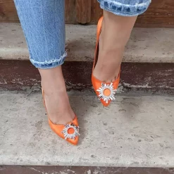 Orange Satin Stone High Heeled Dress Shoes for Women Ra-301