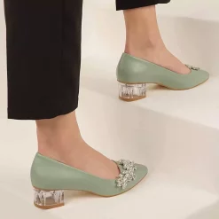 Green Low Chunky Heels for Women with Rhinestone RA-1640