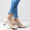 Beige Patent Leather Ankle Strap Low Block Heel for Women Ra-500