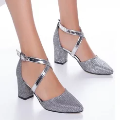 Silver Silvery Crisscross Chunky Heels for Women Ra-803