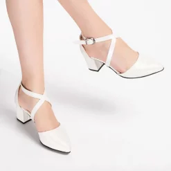 White Silvery Crisscross Chunky Heels for Women Ra-803