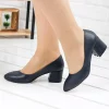 Navy Blue Faux Leather Round Toe Chunky Heels for Women Ra-1002