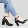 Black Faux Leather Thick Heel Ankle Strap Shoes Ra-1003