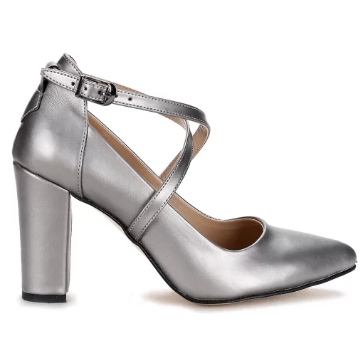 Gümüş Çapraz Bantlı Kalın Topuklu Ayakkabı Ra-1004