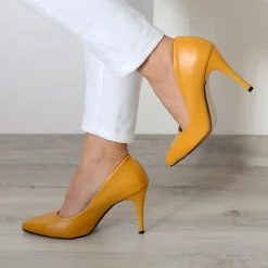 Mustard Faux Leather Stiletto Heels for Women Dressy Ma-021