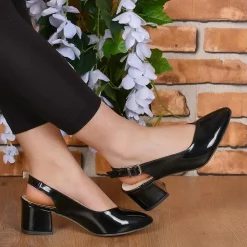 Black Patent Leather Closed Toe Ankle Strap Low Heels Ma-028