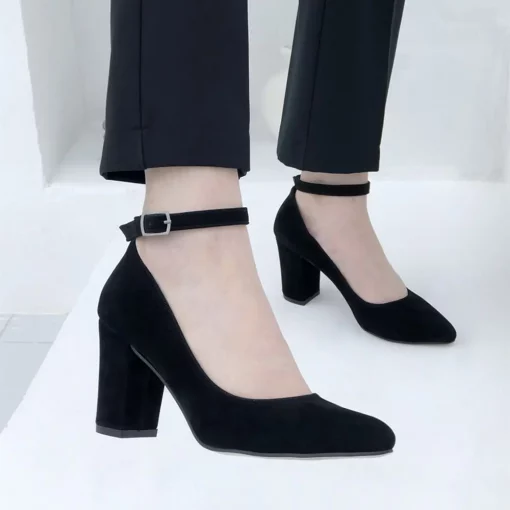 Black Suede Thick Heel Ankle Strap Shoes Ra-1003