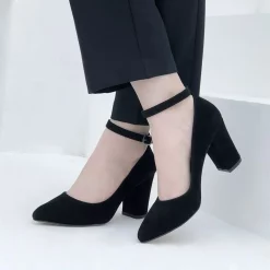 Black Suede Thick Heel Ankle Strap Shoes Ra-1003