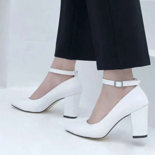 White Faux Leather Thick Heel Ankle Strap Shoes Ra-1003