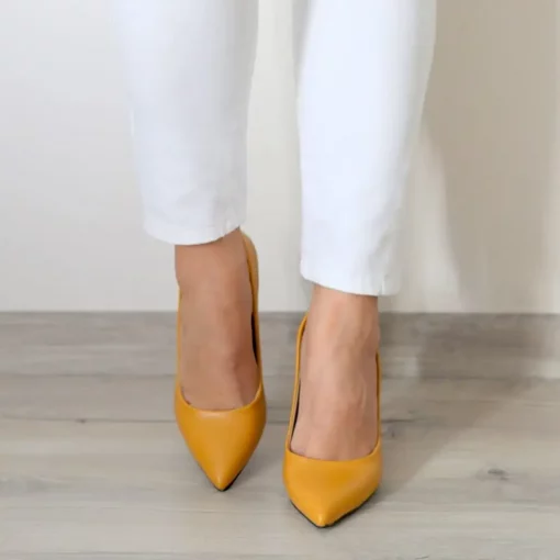 Mustard Faux Leather Stiletto Heels for Women Dressy Ma-021
