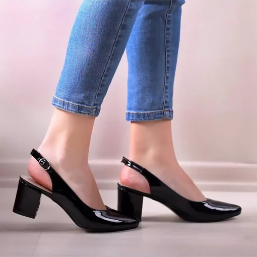 Black Patent Leather Closed Toe Ankle Strap Low Heels Ma-028