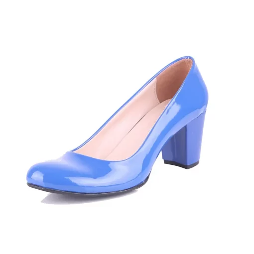 Sax Patent Leather Round Toe Chunky Heels for Women Ra-1002