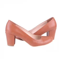 Tan Faux Leather Round Toe Chunky Heels for Women Ra-1002