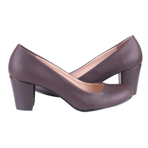 Brown Faux Leather Round Toe Chunky Heels for Women Ra-1002