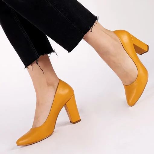 Mustard Faux Leather Thick Heel Pumps for Women Closed Toe Ma-023