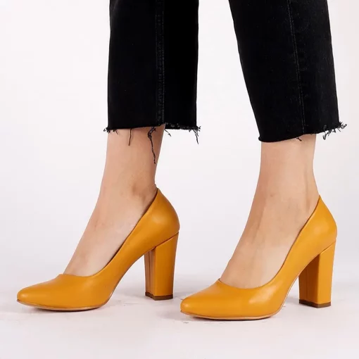 Mustard Faux Leather Thick Heel Pumps for Women Closed Toe Ma-023