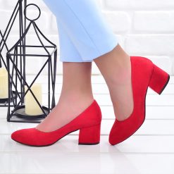 Red Suede Round Toe Chunky Heels for Women Ra-1002