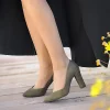Khaki Suede Thick Heel Pumps for Women Closed Toe Ma-023