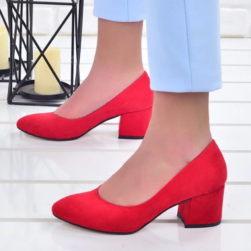 Kırmızı Süet Yuvarlak Burun Topuklu Ayakkabı Ra-1002