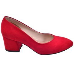 Red Suede Round Toe Chunky Heels for Women Ra-1002