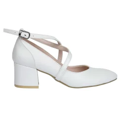 White Faux Leather Cross Band Women's Low Heeled Shoes RA-1006