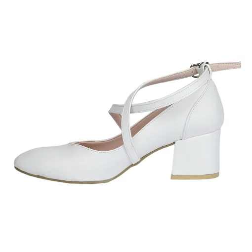 White Faux Leather Cross Band Women's Low Heeled Shoes RA-1006