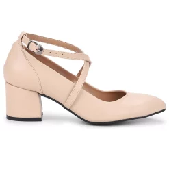 Beige Faux Leather Cross Band Women's Low Heeled Shoes RA-1006