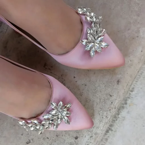 Pink Satin High Heel Stiletto Dress Shoes with Rhinestone Ra-955