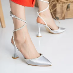 Silver Satin Bow Thin Heels for Women Ra-1000