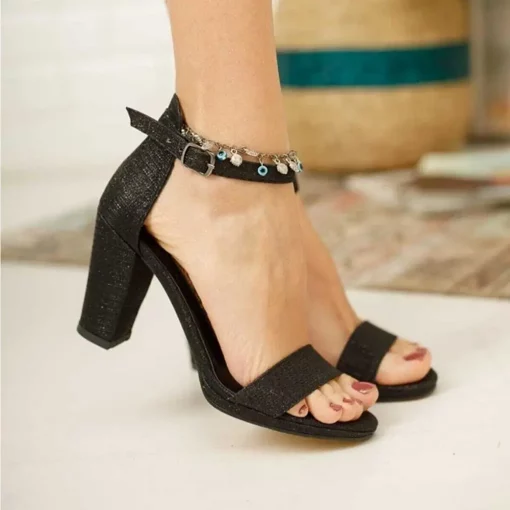 Black Silvery Chunky Heels Ankle Strap Sandals for Women Ma-030