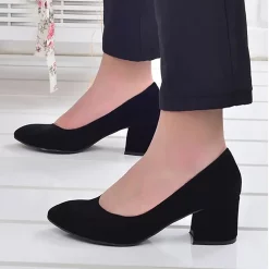 Black Suede Round Toe Chunky Heels for Women Ra-1002