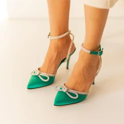 Yeşil Fiyonklu Bilekten Bağlamalı Taşlı Topuklu Ayakkabı Ra-999