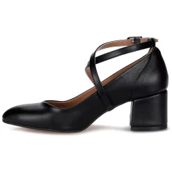 Black Faux Leather Cross Band Women's Low Heeled Shoes RA-1006