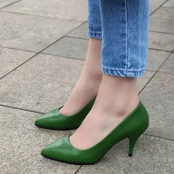 Green Faux Leather Thin Heel Pumps for Women Ma-017
