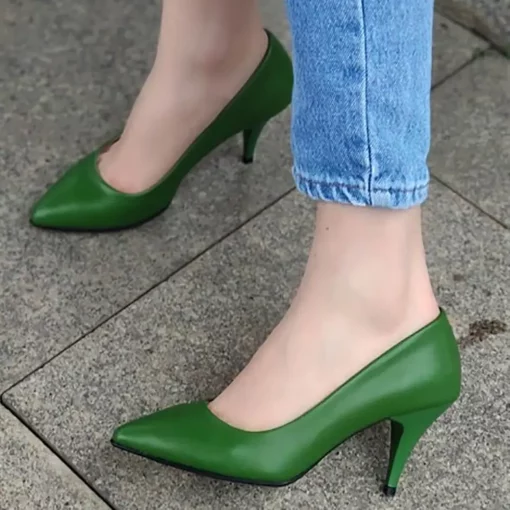 Green Faux Leather Thin Heel Pumps for Women Ma-017