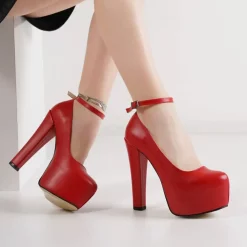Red Ankle Strap High Heels for Women Sexy Pumps Thick Heel Ra-304
